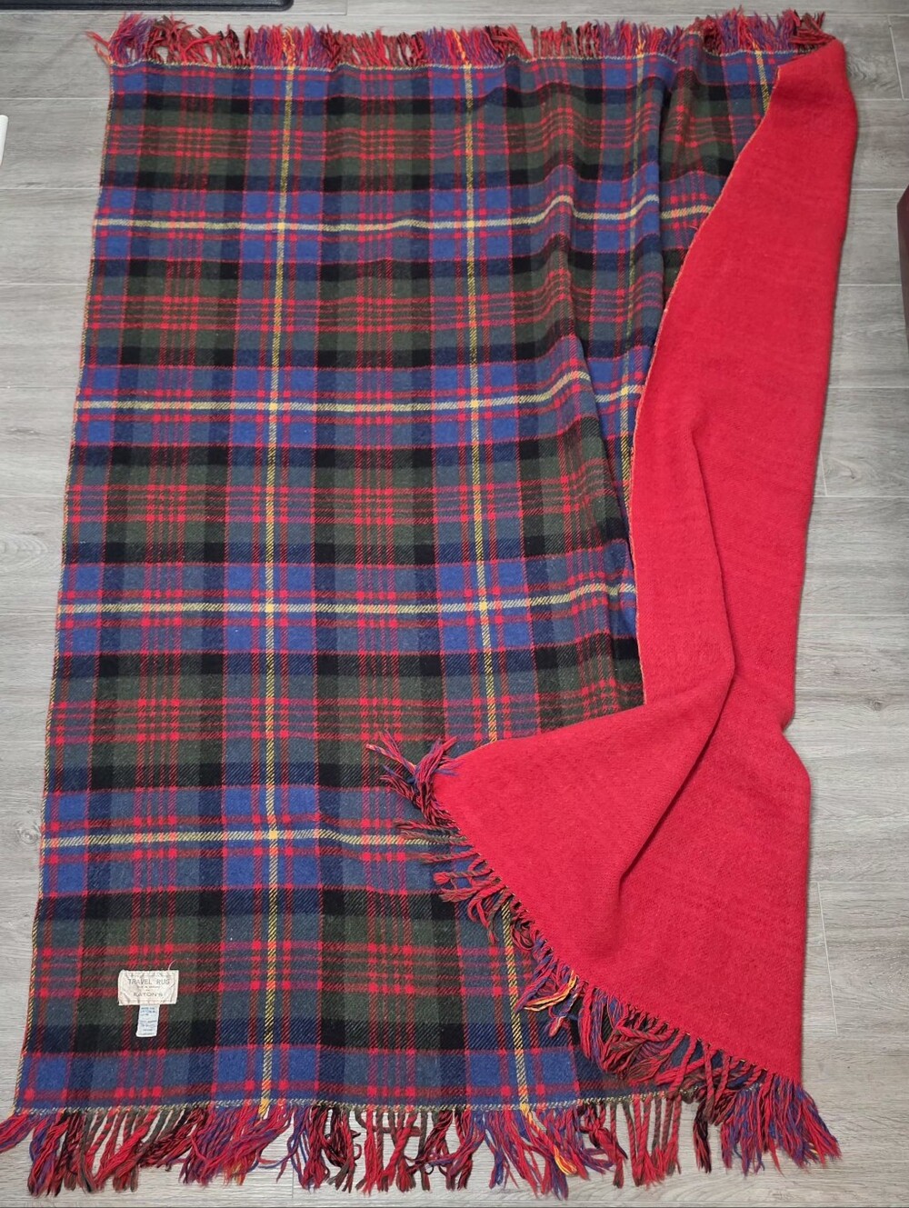 Vintage Plaid Wool Eatons Travel Rug Fringed Reversable Tartan Great Britain